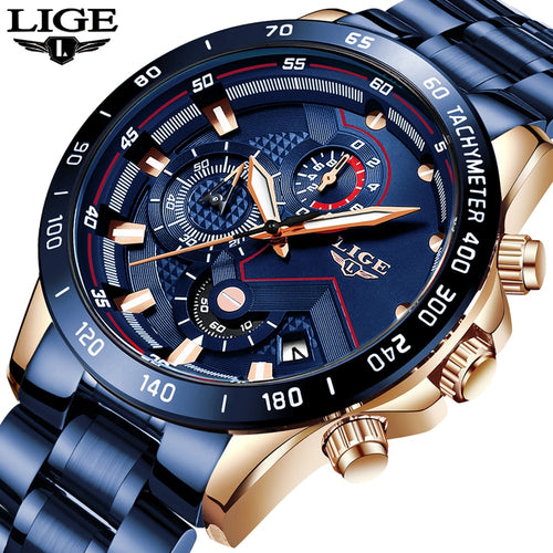 LIGE 2019 New Fashion Mens Watches with Stainless Steel Top Brand Luxury Sports Chronograph Quartz Watch Men Relogio Masculino