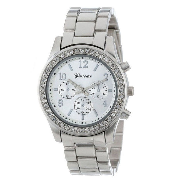 Crystal dial Faux Chronograph Quartz Plated Classic Round Ladies Women Crystals Watch women watches silver women watches luxury