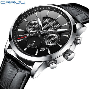 CRRJU New Fashion Men Watches Analog Quartz Wristwatches 30M Waterproof Chronograph Sport Date Leather Band Watches montre homme